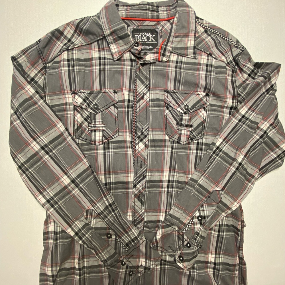 NWOT BUCKLE Black Button down Plaid XL